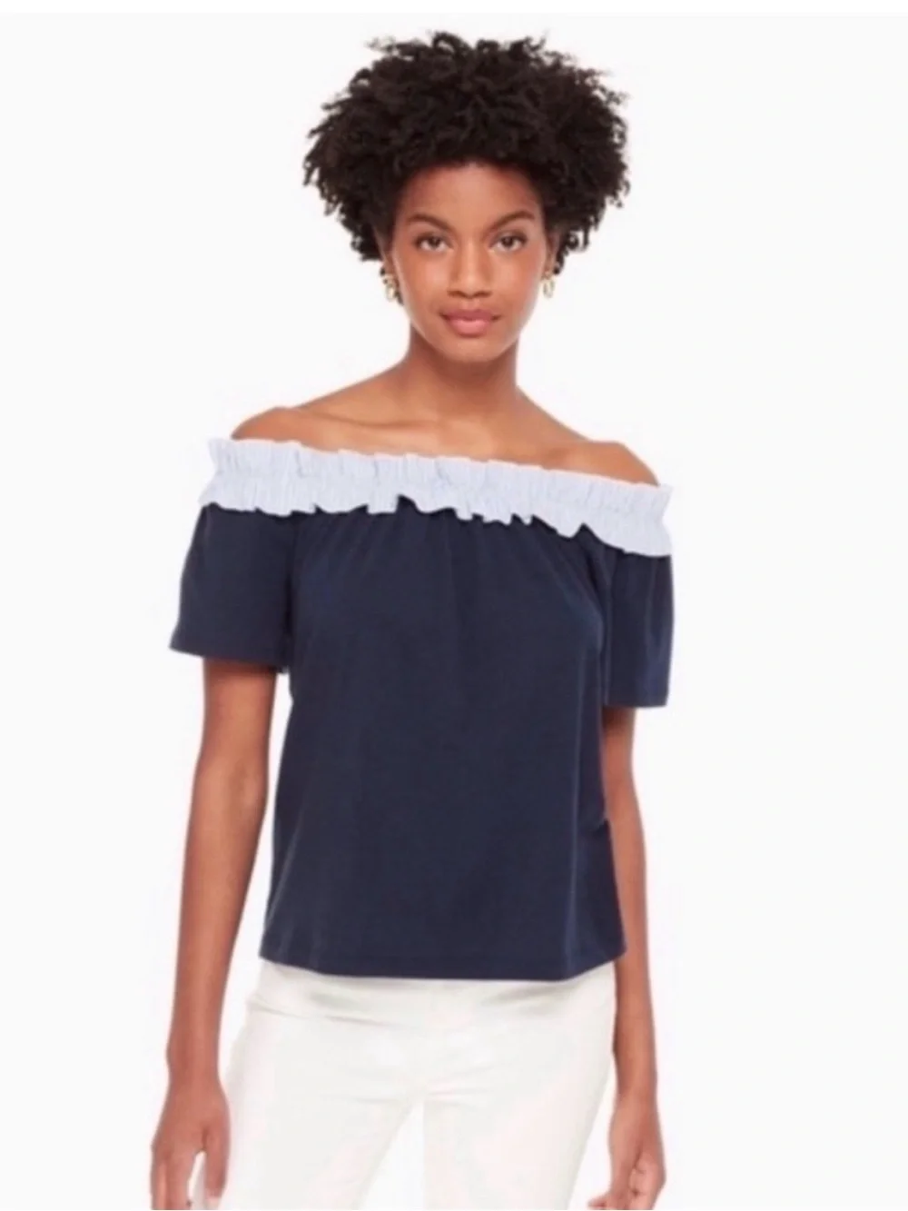 Kate Spade New York Off-the-Shoulder Seersucker Ruffle Top Navy Blue Medium